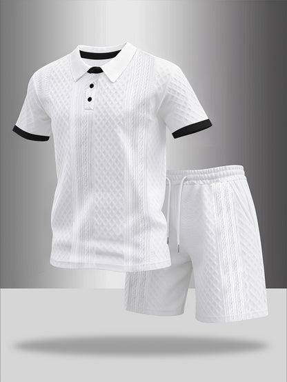 Men's Summer Casual Polo Shirt & Shorts Set with Geometric Print