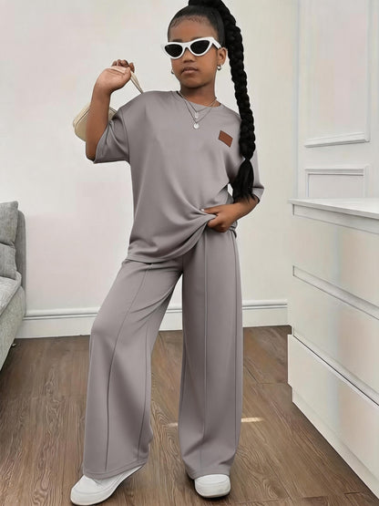 Girls' Casual Summer T-Shirt & Wide-Leg Pants Set Polyester