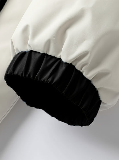 Men'S Double-Sided Winter Jacket - Thickened Stand Collar, Zip-Up Casual Long Sleeve Coat with "MADEASURABLE" & "I CONUT" Branding, Black & White, Regular Fit for Autumn & Winter, Autumn Outerwear, Bold Lettering, Durable Fab