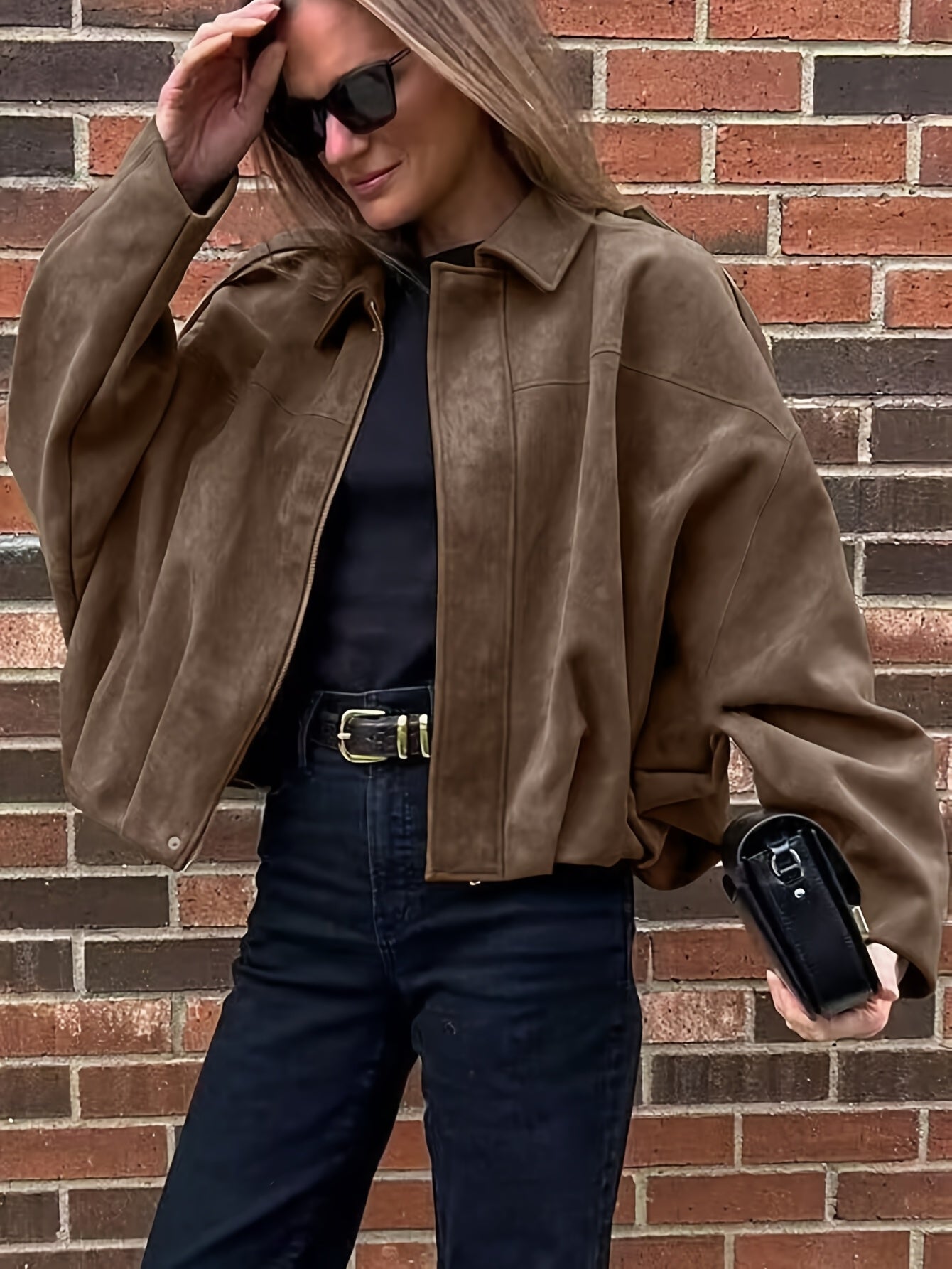 Women'S Vintage Bomber Jacket - Loose Fit Long Sleeve Zip-Up with Drop Shoulder Design, Brown Casual Outerwear for Fall/Winter, Non-Stretch Fabric, Perfect for Casual Attire, Autumn Winter Jacket | Vintage Bomber Style | Zipp