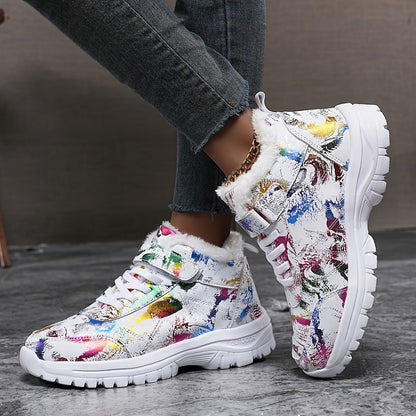 1 Pair Women'S Winter Warm Snow Boots, Fleece-Lined High-Top Outdoor Shoes, Round Toe, Patterned Print, EVA & MD Sole, Fabric Insole - Fashionable Ladies' Footwear