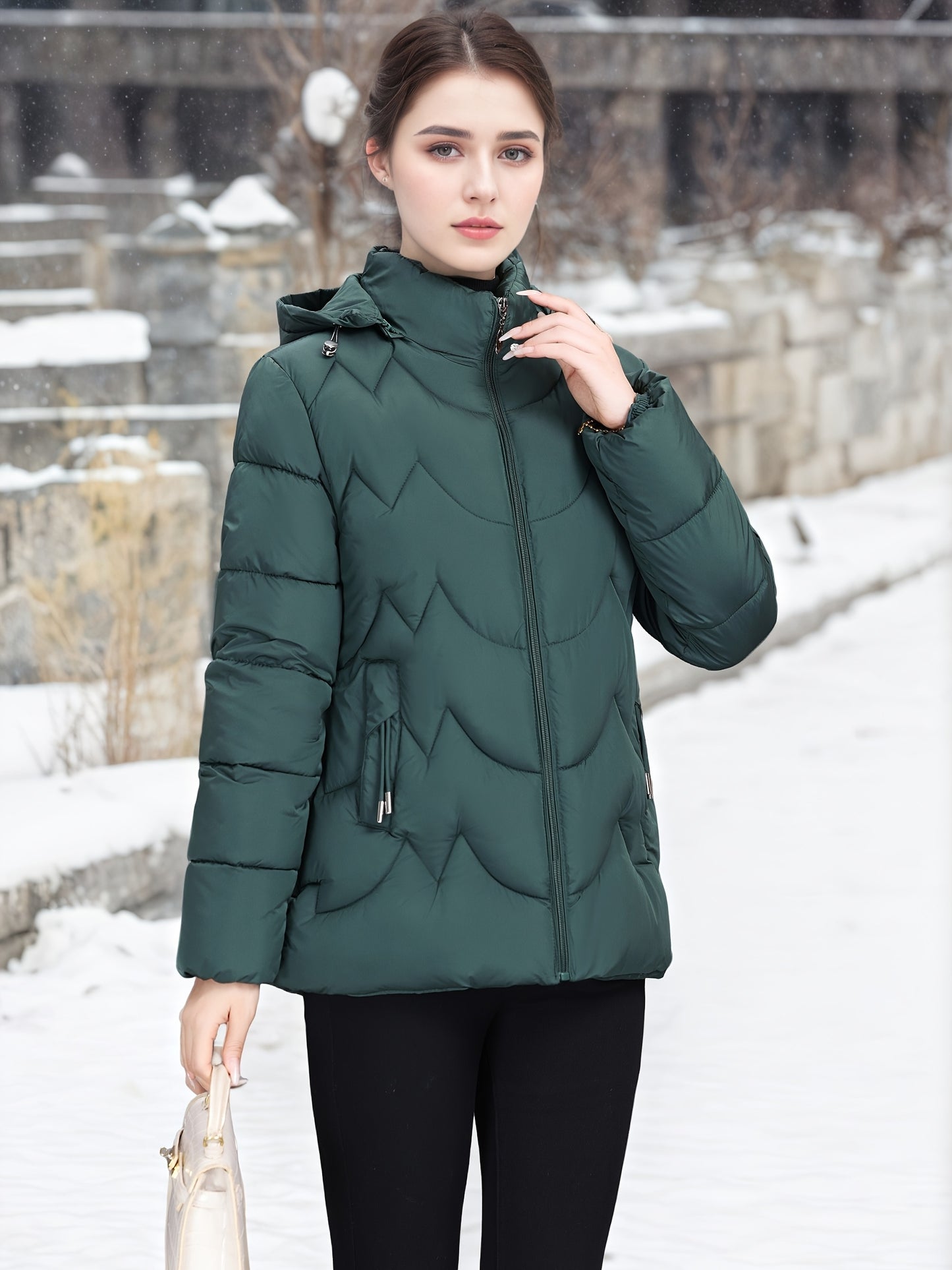 Women'S Elegant Black Winter Puffer Jacket - Long Sleeve, Zip-Up, Casual Style with Beaded Detail, Perfect for Snowy Days, Casual Winter Wear | Zippered Jacket | Functional Pockets