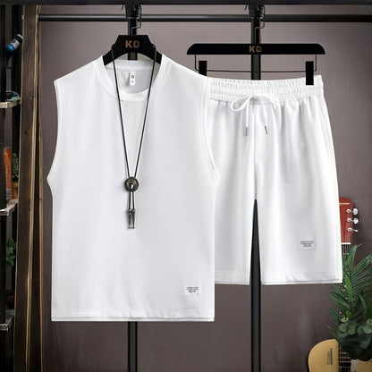 Summer Men's waffle vest set, casual fashion fake two-piece sleeveless vest and casual shorts two-piece set, sports set, breathable, soft and comfortable