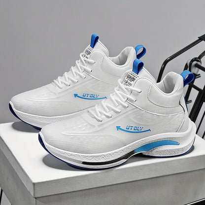 Men'S High-Top Lace-Up Athletic Sneakers - Breathable Fabric, PVC Sole, EVA Insole, Stylish Blue  White Design for Casual and Outdoor Activities, Everyday Sneakers   Sporty Casual Shoes   Durable PVC Sole