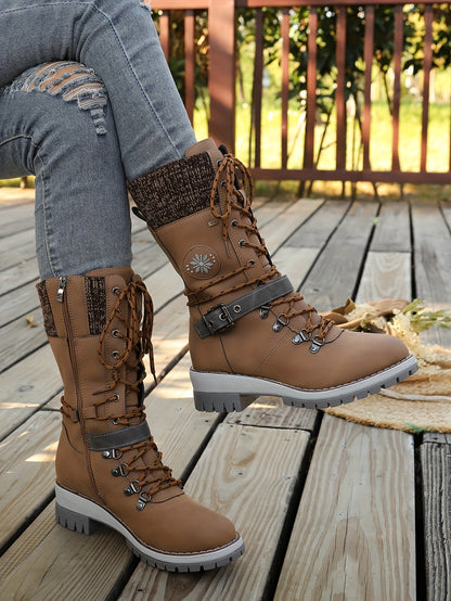 Women'S Comfortable Knitted Mid-Calf Winter Boots - Anti-Slip Side Zipper Lace-Up Design, Thick Sole, Fleece-Lined Retro Style in Black/Brown/Beige/Red/White for Casual Wear, Women Cowboy Boots, Women Winter Boots, Women Autu