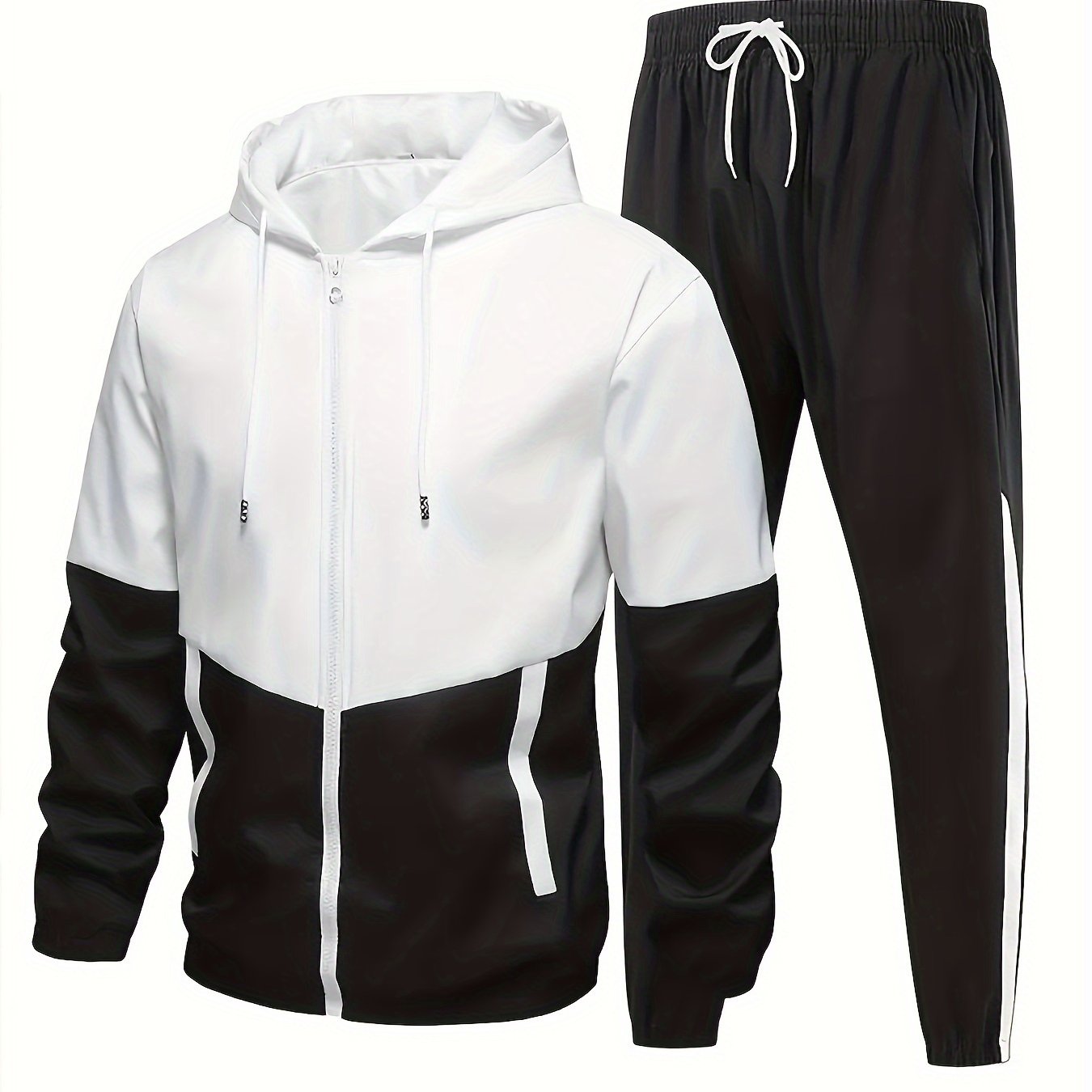 2pcs Men's Hooded Tracksuit - Lightweight Polyester Active Wear Set For Spring/Autumn With Pockets, Long Sleeve Jacket And Jogger Pants