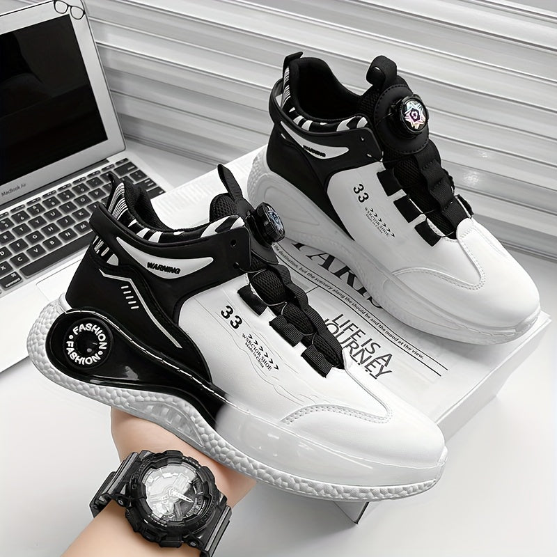 [Athletic Performance] Men's Breathable Casual Sneakers - Stylish Loafers with Rotating Buckle, Navy Blue  White Design, Comfortable PU Upper  PVC Sole for Casual Attire, Running, and Outdoor Activities