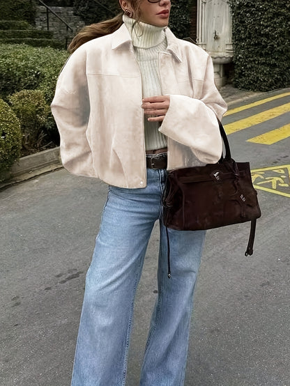 Women'S Vintage Bomber Jacket - Loose Fit Long Sleeve Zip-Up with Drop Shoulder Design, Brown Casual Outerwear for Fall/Winter, Non-Stretch Fabric, Perfect for Casual Attire, Autumn Winter Jacket | Vintage Bomber Style | Zipp