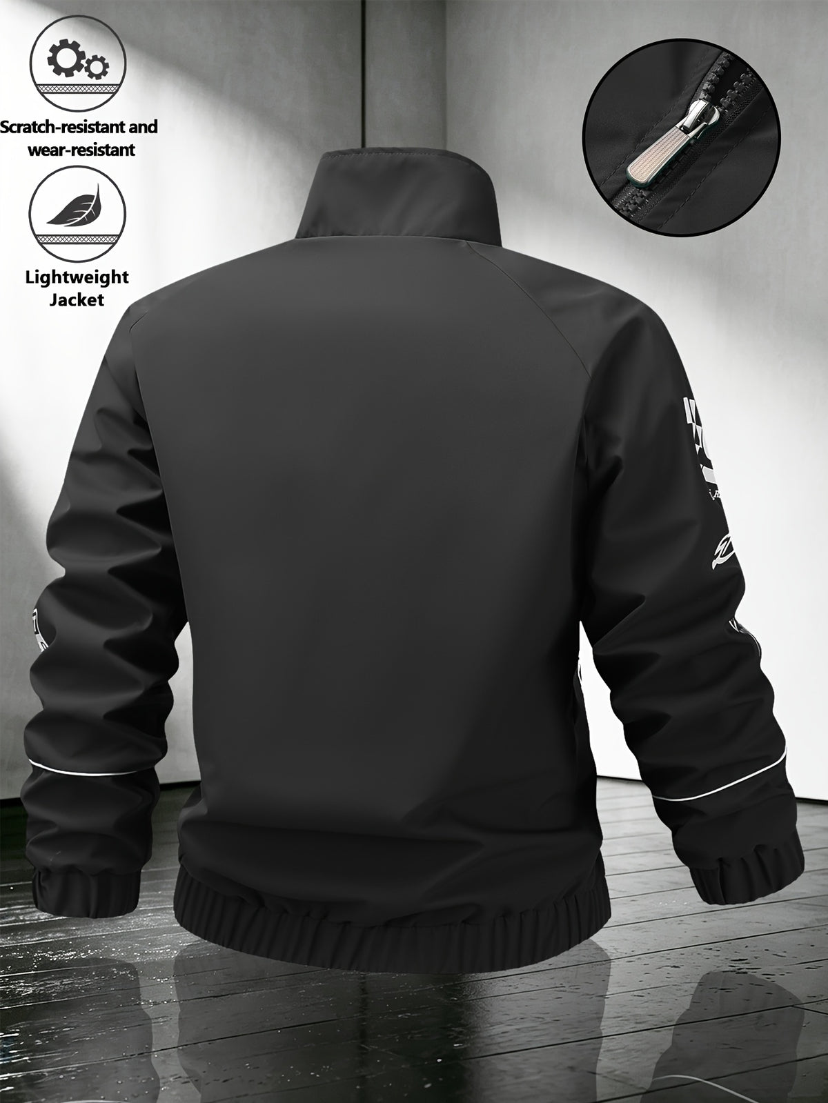 Men's Black Woven Stand Collar Bomber Jacket with Letter Badge