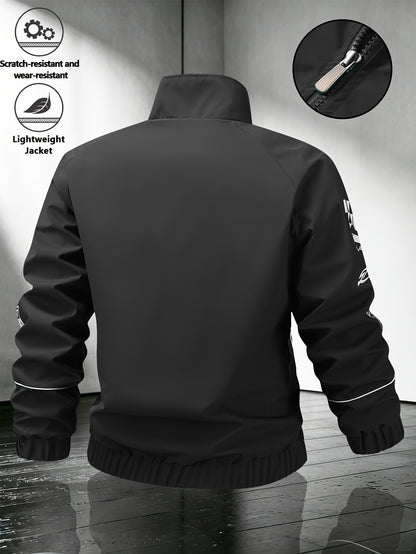 Men's Black Woven Stand Collar Bomber Jacket with Letter Badge