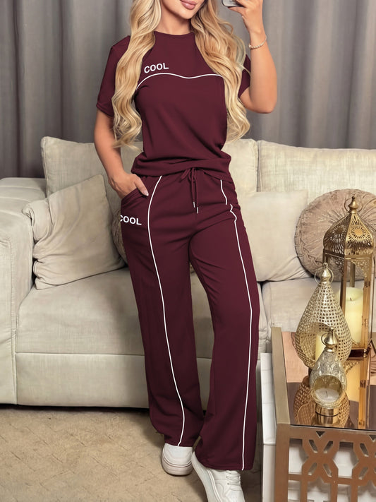Women's Casual Letter Print Top & Wide Leg Pants Set - Spring/Summer - ayq