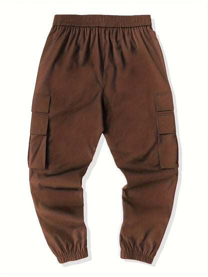 Men's Casual Solid Color Cargo Pants with Drawstring Waist