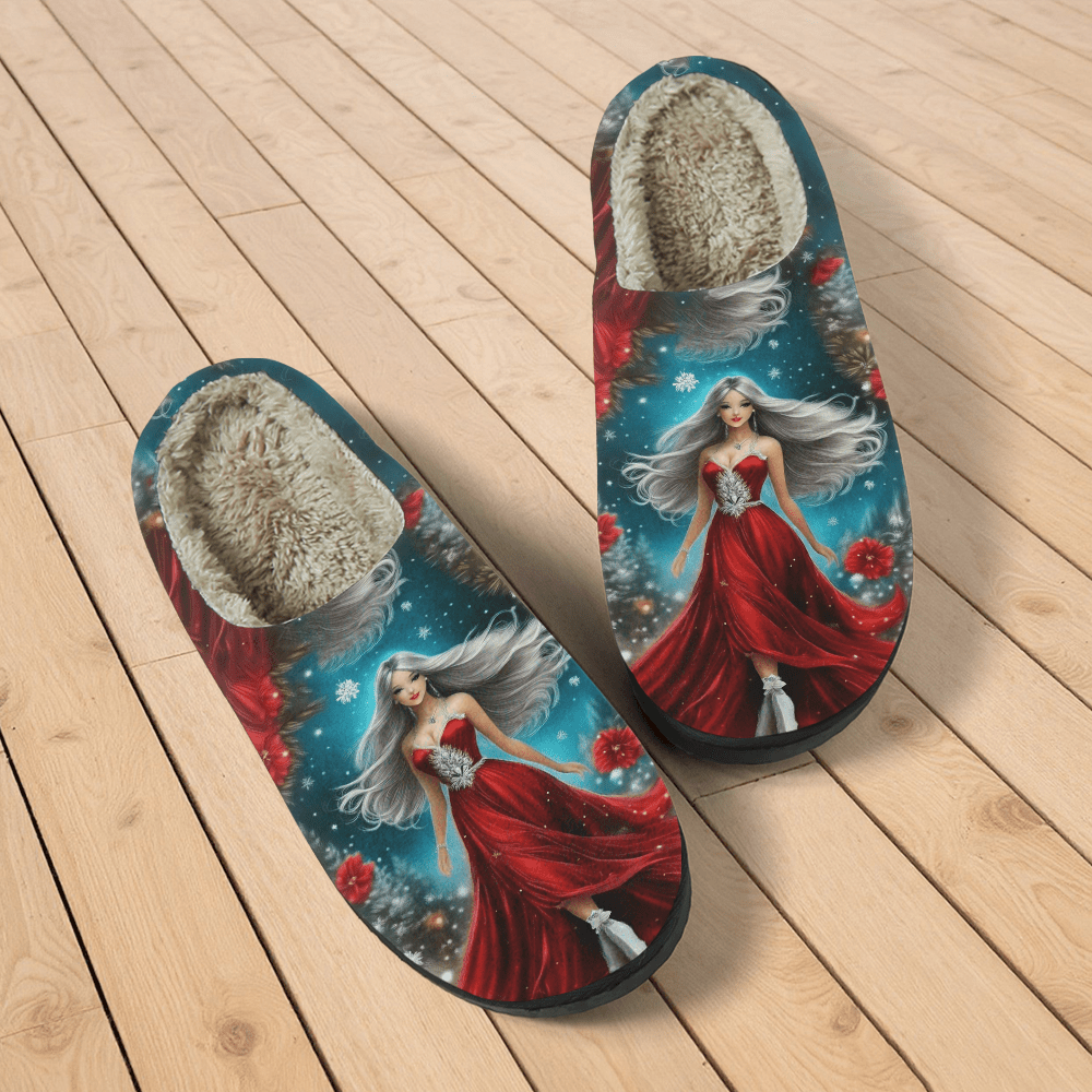 Women's Red Slippers with Red Dress Print - Winter Warm Soft Sole Slip-On Moccasins Suitable for Winter Parties, Christmas & New Year's Eve - Comfortable /Outdoor Footwear, European Style Fabric Upper & TPR Sole