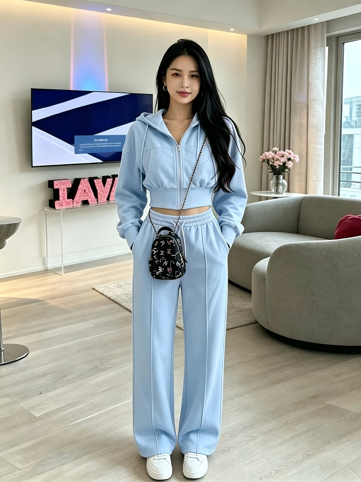 Women's Loose Cropped Hoodie Set with Matching Pants