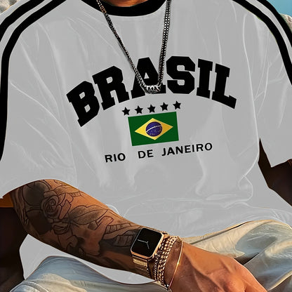 Men'S Casual Short-Sleeve T-Shirt with 3D Digital Printing, Round Neck, Brazilian Style, Made of Slightly Stretchy Polyester Knit Fabric, Suitable for Summer Outdoor Activities And Everyday Wear.