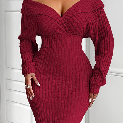 Sexy V-Neck Knit Bodycon Dress for Women, Long Sleeve One-Shoulder Solid Color Polyester Dress with Lace-Up Detail, Regular Fit for Fall Season