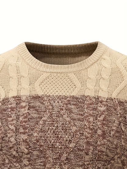 Men'S Casual Pullover Sweater for Spring And Autumn, Featuring a Color-Blocked Cable Knit Design, Made from 100% Acrylic Material.