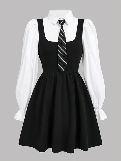 Girls' Elegant Long-Sleeve Midi Dress with Detachable Tie - ayq