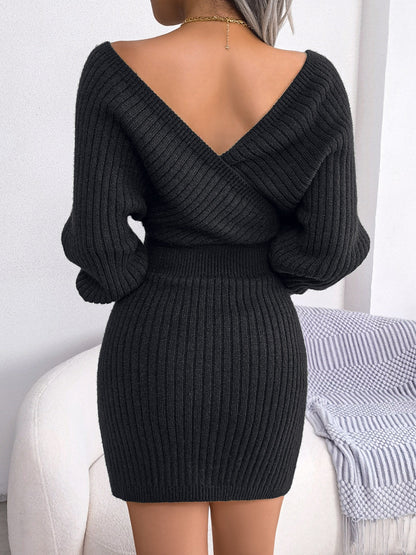Sexy Cross V Neck Bodycon Sweater Dress, Batwing Sleeve Solid Criss Cross Neck Cross Sexy Dresses, Women'S Clothing