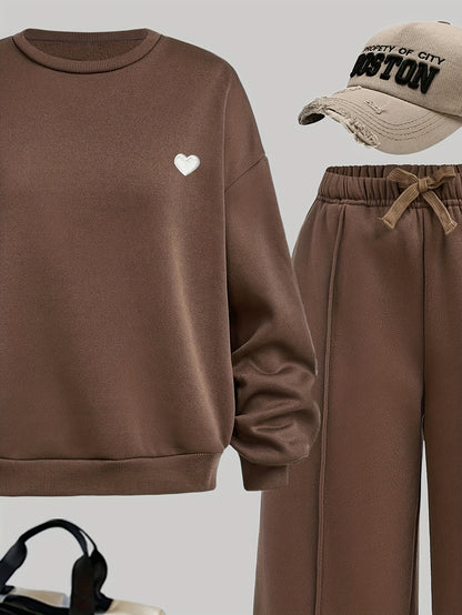 Girls' Casual Crewneck Sweatshirt and Wide-Leg Pants Set