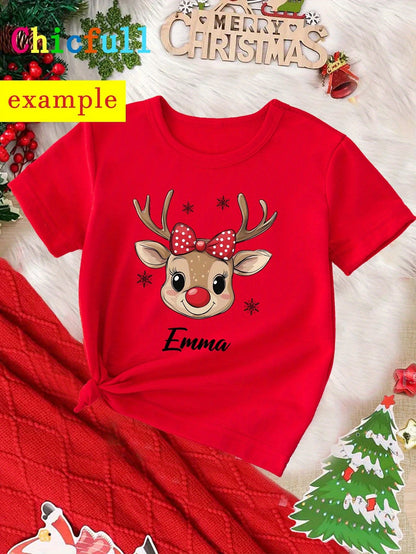 CHICFULL Girls' Personalized Name/Text Christmas Rudolph & Polka Bow T-Shirt - Red Smiling Reindeer Print with Golden Lettering, Soft Round Neck Casual Knit Top for Spring/Summer & Christmas, Machine Washable - Girls' Birthda