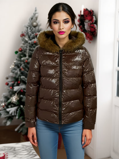 Women'S Winter Hooded Coat - Lightweight Warm Loose Fit Jacket with Full-Zip Closure, Elegant Brown Outerwear for Cold Weather, Office, Dates & Everyday - Non-Stretch Fabric Construction, Ladies Winter Coats, Date Night Wear,