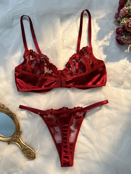 Elegant Wine Red Embroidered Lingerie Set with Thong