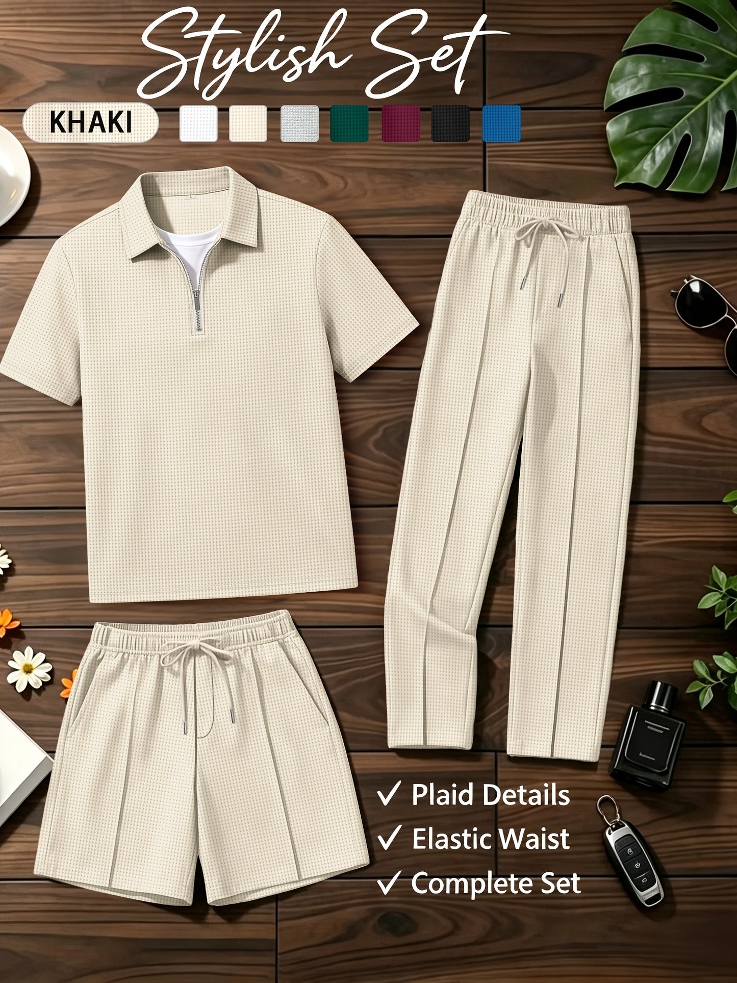 Men's Summer Casual 3-Piece Tracksuit Waffle Knit Half-Zip