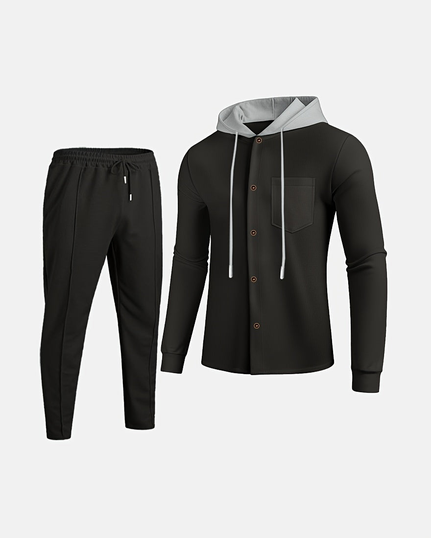 Men'S Lightweight Hooded Cardigan - Long Sleeve Sweater Jacket, Button-Front Closure, Light Grey Casual Outerwear for Office, Casual Attire - Breathable Fall/Spring Layering Essential, Sweater Cardigan, Waffle Texture, Durabl