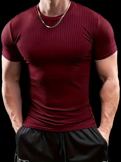 Men's Slim Fit Ribbed Short Sleeve T-Shirt - Stretchy Athletic  Casual Wear, Green, Round Neck, Machine Washable, Muscle-Enhancing Design, Gym Shirts