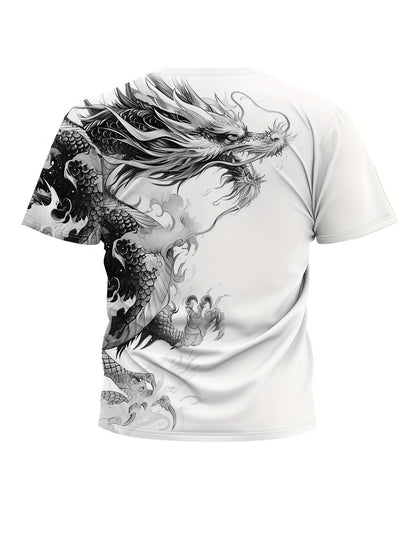 Men's Bold Dragon Graphic Tee - Short Sleeve, Crew Neck, Polyester Blend - Perfect for Summer Outings  Casual Wear