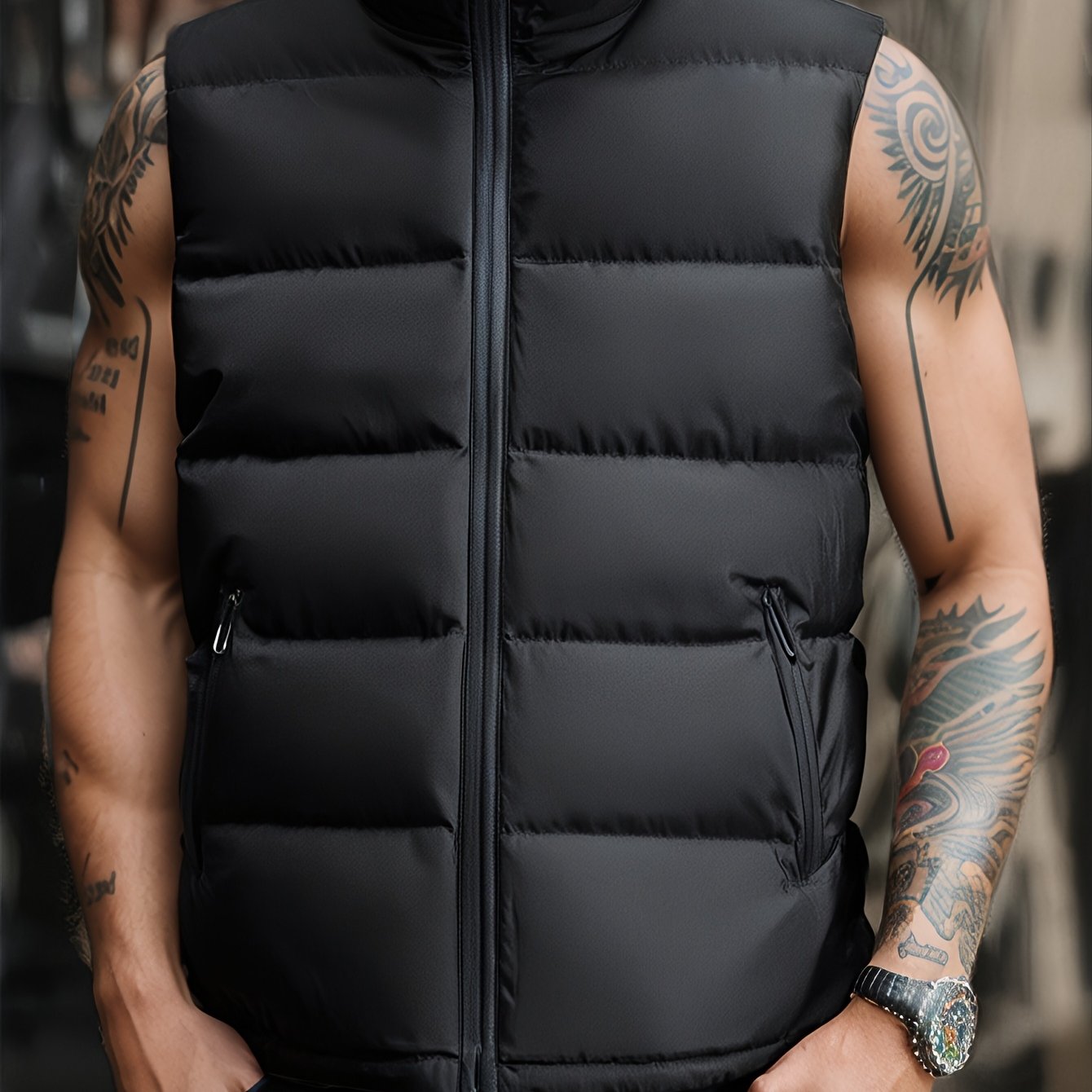 A Stylish New Men'S American-Style Vest, Featuring a Warm And Thick Black Design, Comfortable And Suitable for Winter, Lightweight And Foldable, Perfect for Skiing