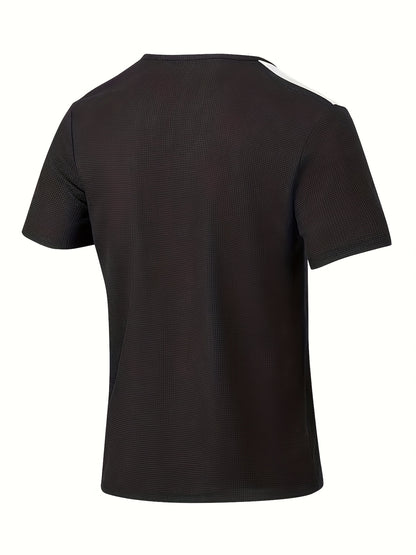 Men'S Casual Waffle Knit Short Sleeve T-Shirt with Drawstring Detail - Maroon  Black, Round Neck, Breathable Polyester Fabric for Summer Outings, Casual Weekend Wear   Round Neck Tee   Stylish Contrast Stitchin