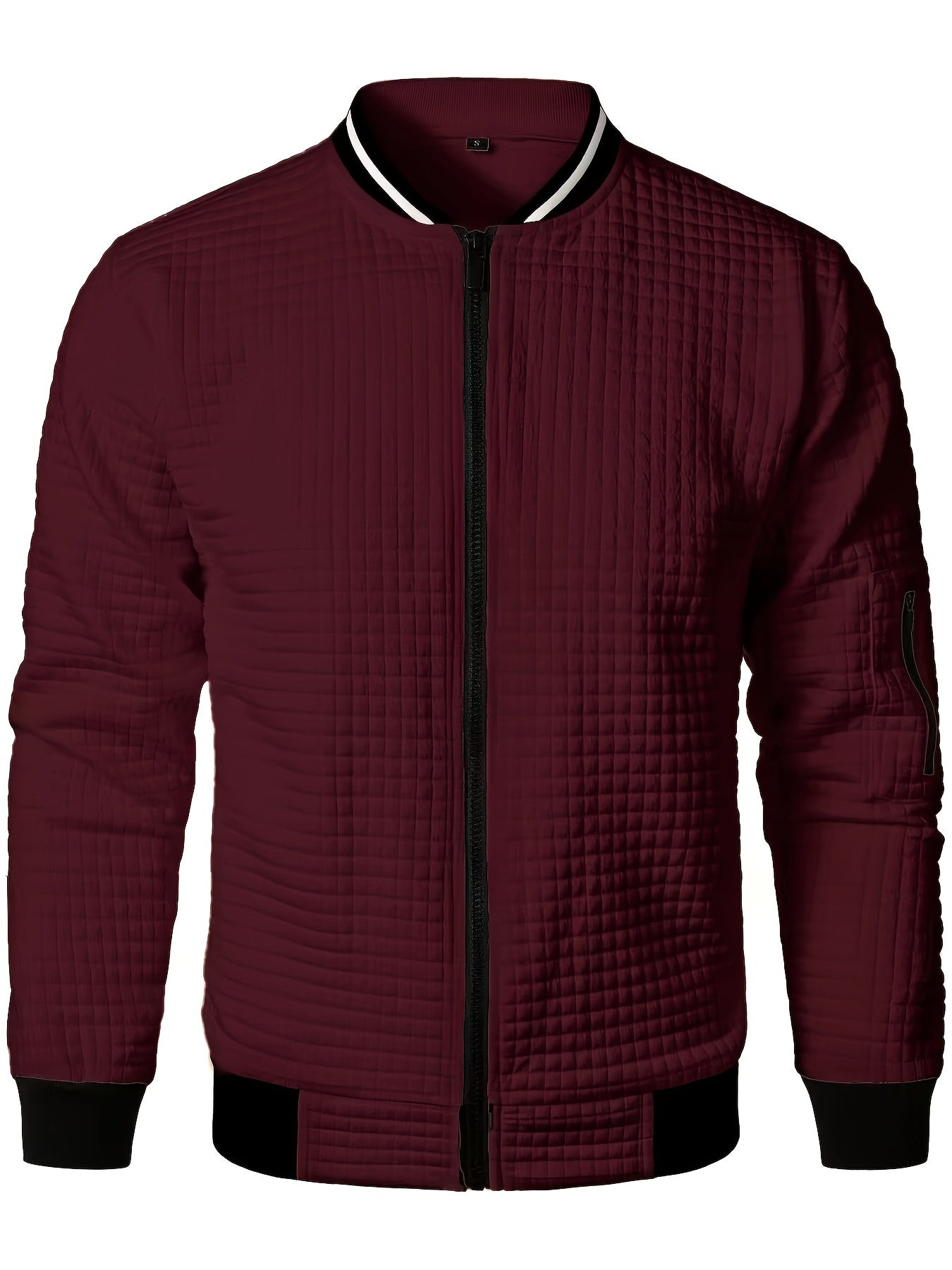 Men's Casual Bomber Jacket with Stand Collar - Polyester and Elastane Blend, Knit Fabric with Slight Stretch, Solid Color, Zipper Detail, Long Sleeve, Regular Fit