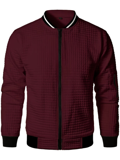 Men's Casual Bomber Jacket with Stand Collar - Polyester and Elastane Blend, Knit Fabric with Slight Stretch, Solid Color, Zipper Detail, Long Sleeve, Regular Fit