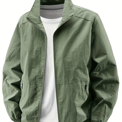 Men'S Olive Green Bomber Jacket with Stand Collar - Casual, Comfortable, Zip-Up Outerwear for Outdoor Activities, Casual Attire|Stand Collar Jacket|Zippered Jacket
