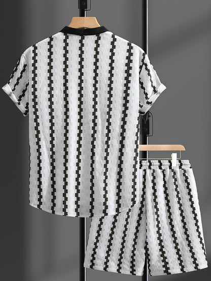Men's Summer Casual 2-Piece Set with Color Block Shirt & Shorts