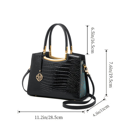 Black Crocodile Pattern Leather Handbag for Women, Large Capacity