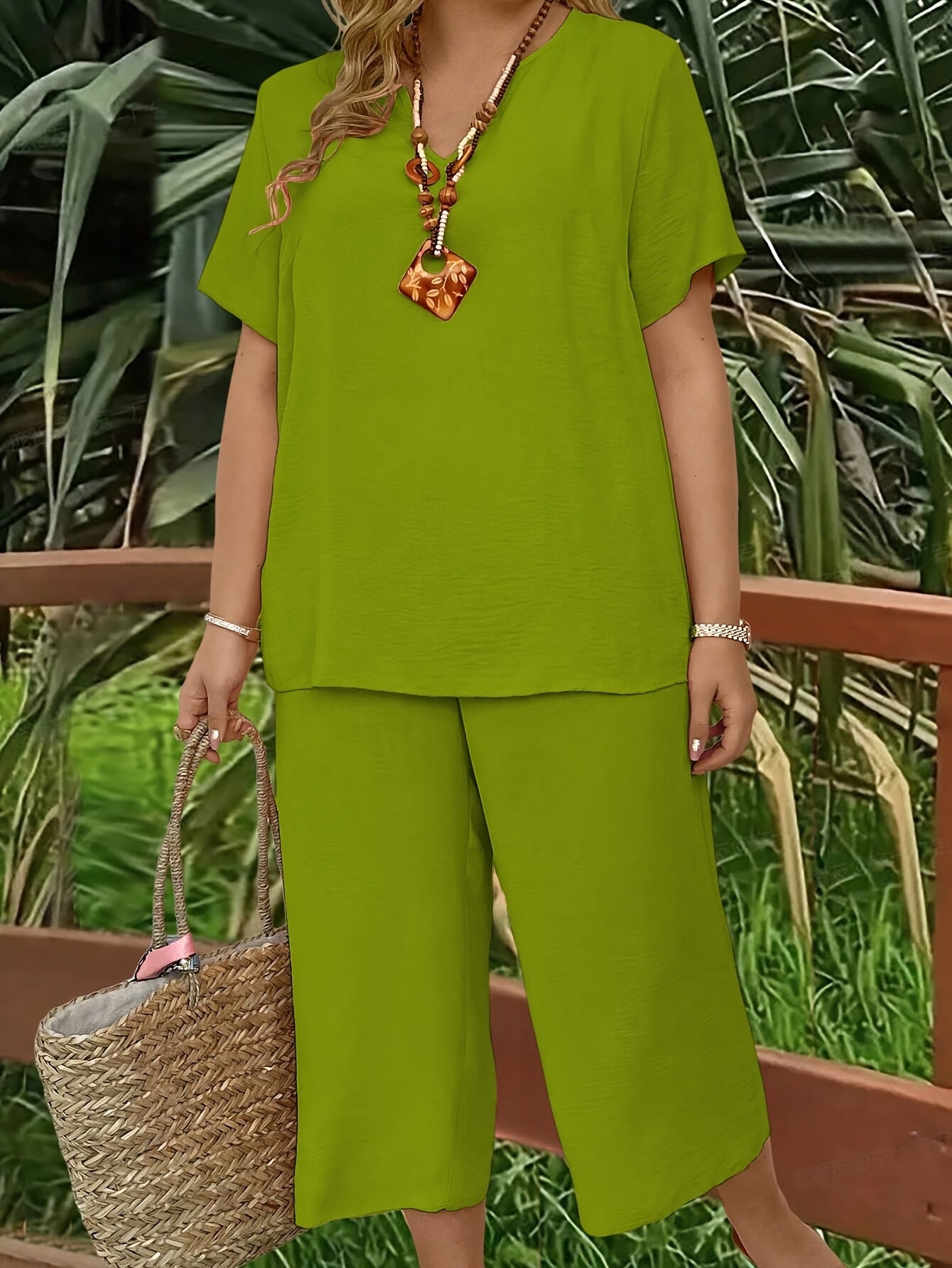 Women's Plus Size Suit, Elegant Solid Color Short Sleeve Top and Wide Leg Pants