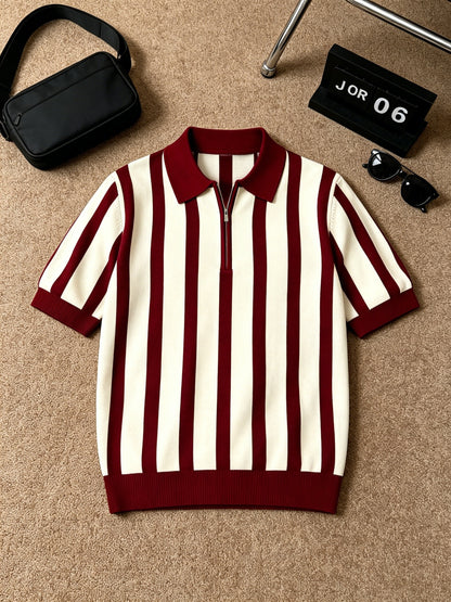 Men's Slim Fit Vertical Stripe Knit Polo with Half-Zip Collar