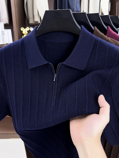 Men's Spring/Fall Knit Polo Shirt with Half-Zip Lapel