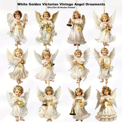 12pcs/24pcs Victorian Style Angel Ornaments - Serene White Angels with Golden Bells and Ribbons, Perfect for Home, Window, Fireplace, and Party Decorations, Festive Spring and Country Style, Ideal Celebration and Party Gift,