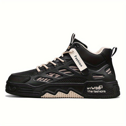 Men's High Top Fashion Sneakers Graphic Print Lace-Up Casual Skateboard Shoes with Round Toe, PU  Mesh Upper, Fabric Lining, and Rubber Sole