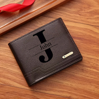 1pc Men's Business Style Faux Leather Wallet, Customizable Text and Initials, Solid Color Faux Leather with Contrast Accents, Compact Short Bifold Design for Easy Carrying - Perfect Birthday Gift for Boyfriend and Father, Per