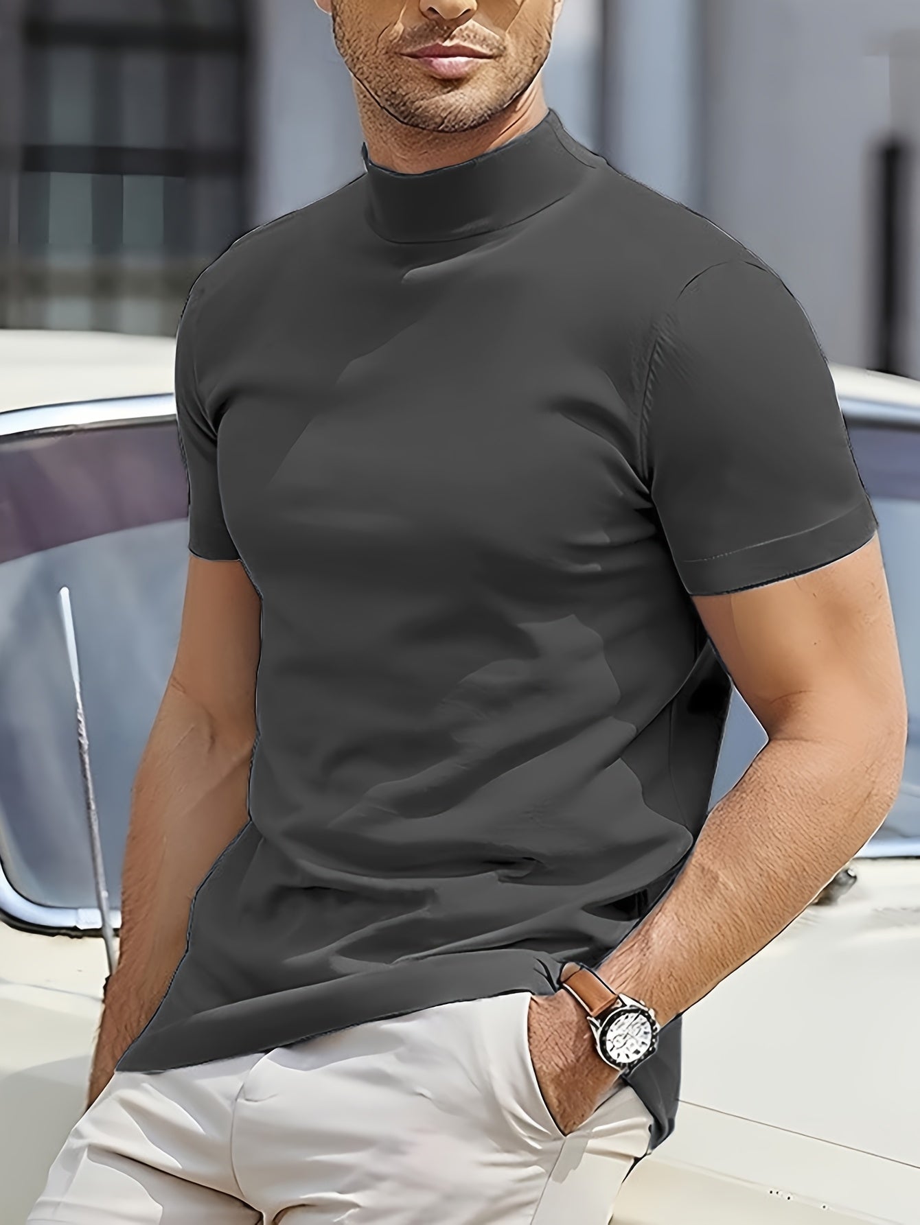 Men's Summer New Basic Solid Color Fashion Simple High-End Casual Sport Comfortable High-Neck Short-Sleeve Top - ayq