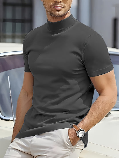Men's Summer New Basic Solid Color Fashion Simple High-End Casual Sport Comfortable High-Neck Short-Sleeve Top - ayq