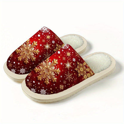 Red Snowflake Print Shoes, Soft and Durable, One Pair, Suitable for Couples, Comfortable and Non-Shedding, Perfect for Halloween and Christmas, Super Comfortable Indoor Shoes, Wear Indoors and Outdoors, Soft Plush Lining for