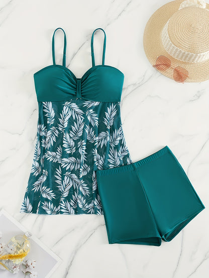Tropical Print Pleated Tankini Two-Piece Swimsuit