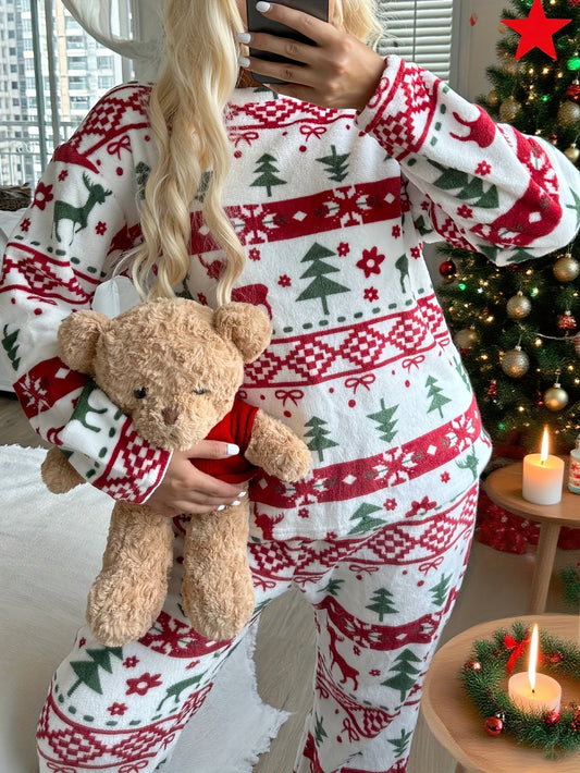 Women'S Christmas Pattern Pajama Set | Comfortable Long-Sleeve Home Wear for Fall/Winter, Crew Neck