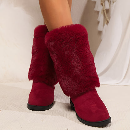 Women's Fashion Solid Color Mid-Calf Fluffy Boots with Slip-On Closure, Plain Toe Platform Heel, Comfy & Warm Fabric-Lined Winter Footwear - TPR Sole, Mid Heel, European Special from Huizhou
